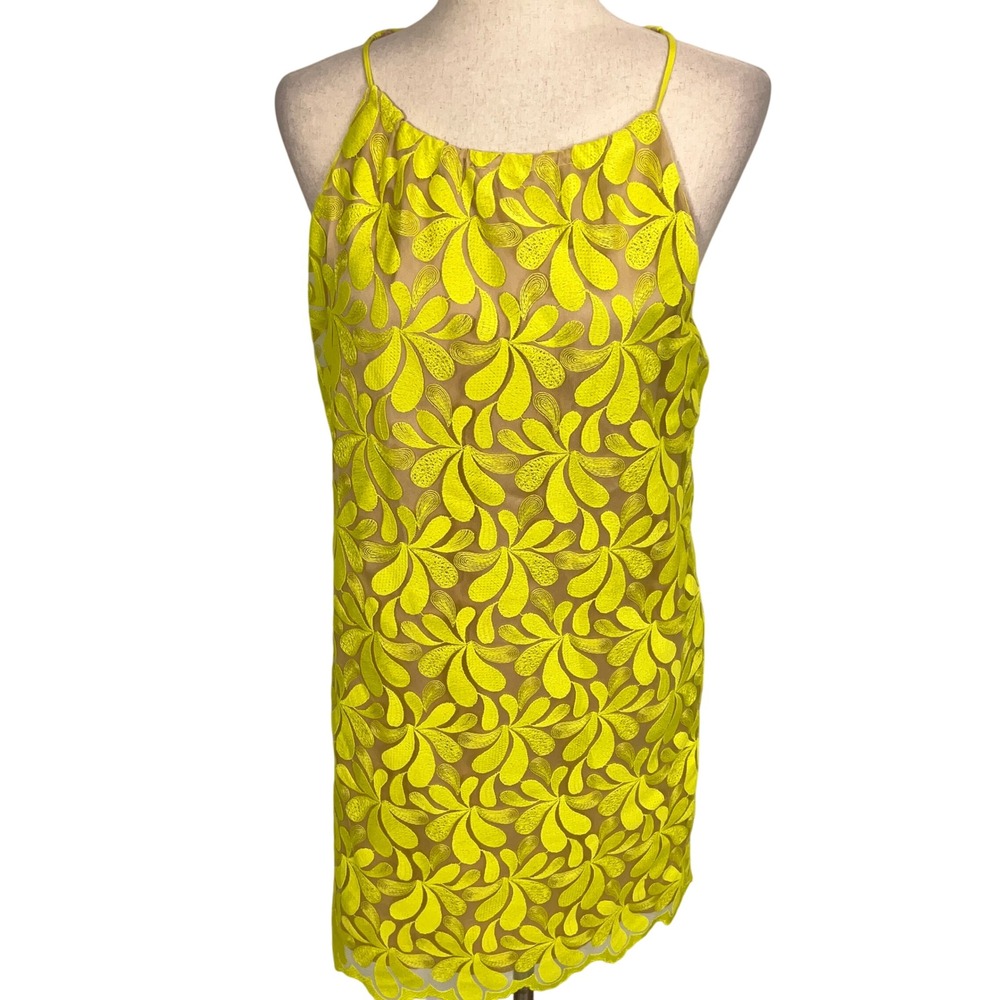 Trina Turk Dress Women 2 Yellow Floral Mesh Sheer Sleeveless Party Cocktail Mini